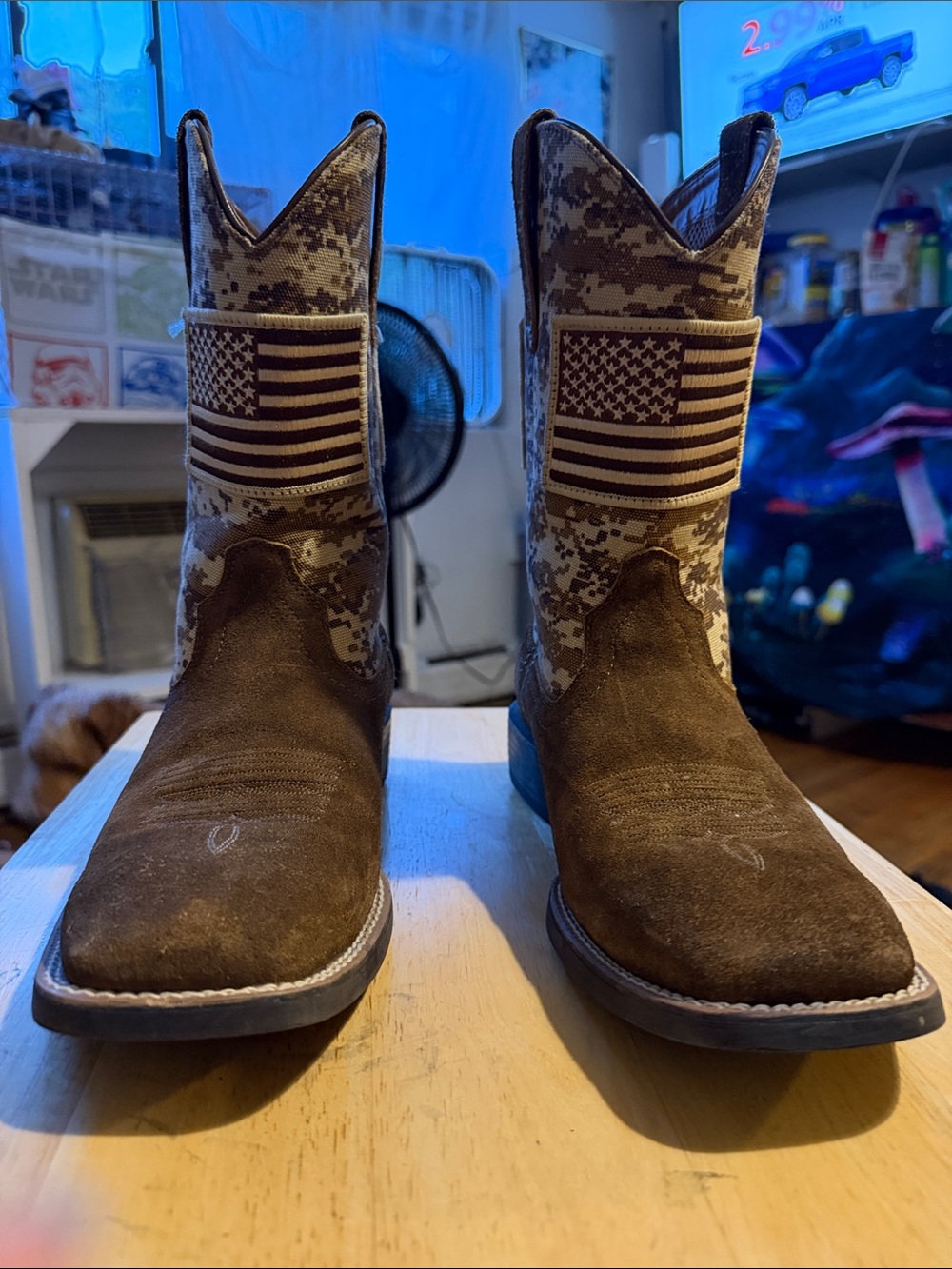 Ariat Brown Suede Cowboy Boots with Camouflage American Flag Shaft